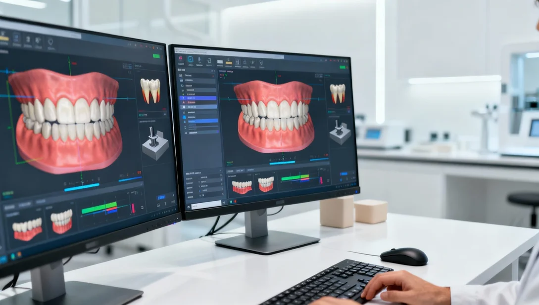 Monitory wyświetlające cyfrowy model 3D uzębienia pacjenta, wykorzystywany w nowoczesnej stomatologii cyfrowej w gabinecie Dental-Wit.